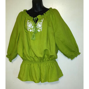 Lime Green Linen Blend Top Women's Blouse 2X Embroidered Tassels Boho Festival